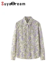 SuyaDream, Woman Floral Shirts, 100%Silk Crepe de chine, Turn Down Collar, Purple Flowers Blouses, 2024 Spring Summer Top