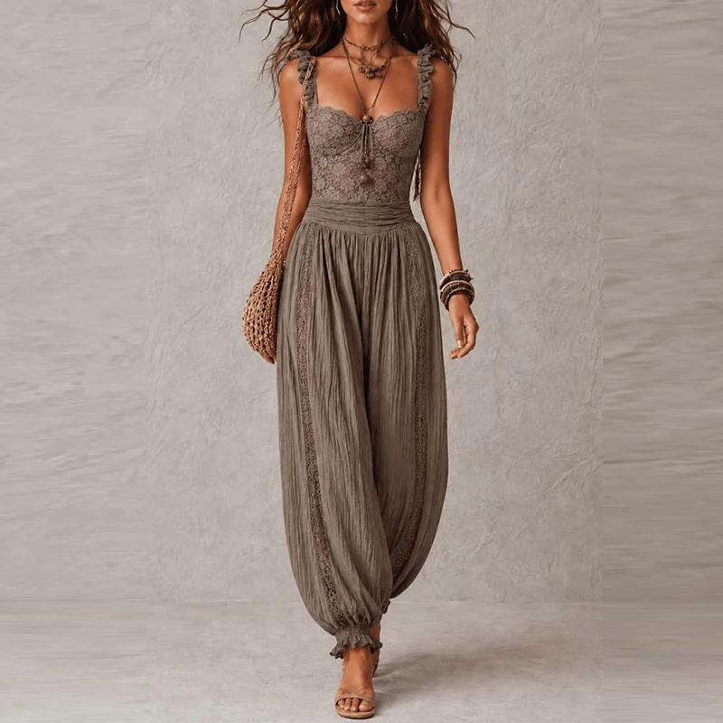 Casual Off Shoulder Suspender Summer Bodysuit Lady Fashion Pleated Lantern Jumpsuits Retro Perspective Lace High Waist Romper