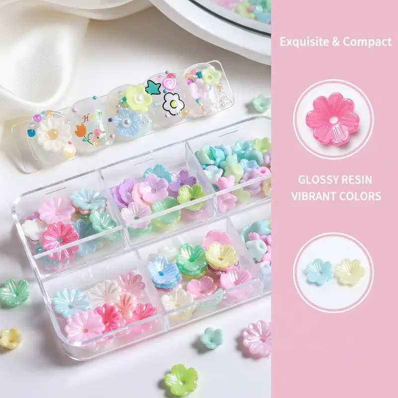 6Grids Mini Resin Flower Nail Charms Color Dopamine Floral Nail Decor Nail Supplies DIY Handmade Craft Accessories