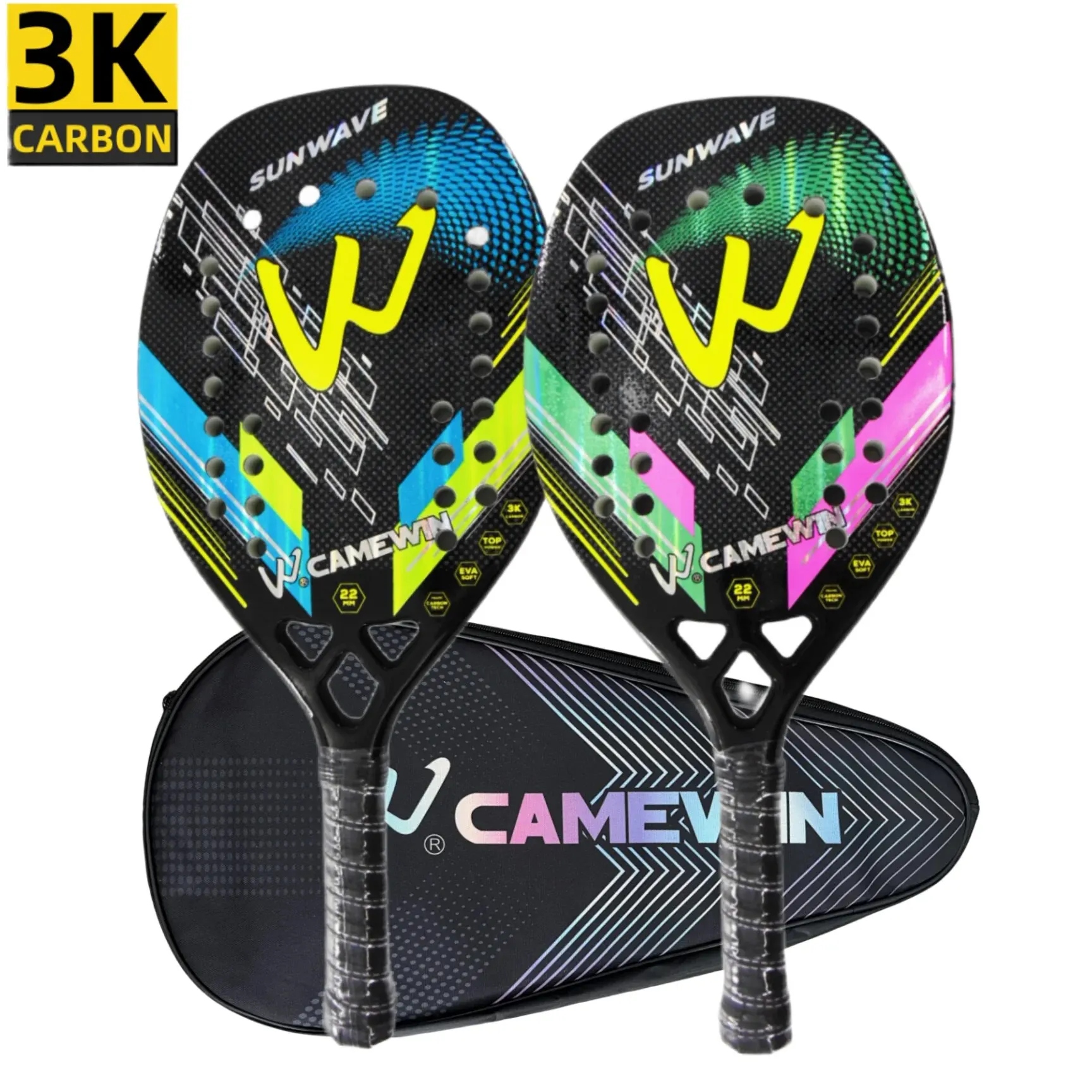 Camewin Beach Tennis Racket 3K Full Carbon Fiber Rough Surface Outdoor Sports Ball Racket For Men Women Adult Senior Player