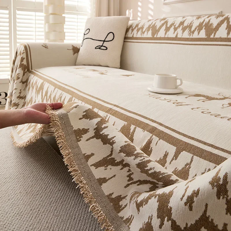 Deer Printed Sofa Towel with Tassels Modern Chenille Anti-Wear Sofa Cover for Four Seasons Soft Double Face Usable Dust Cover
