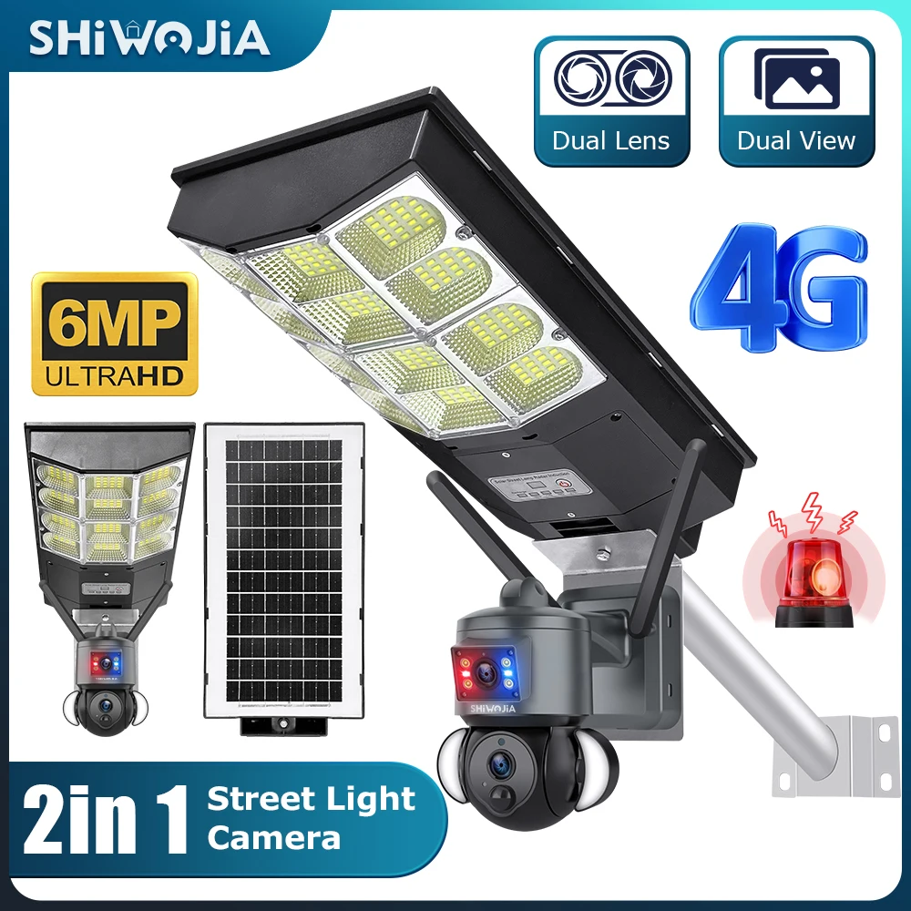 SHIWOJIA 6MP Solar Camera with Solar Street Lights 4G SIM Outdoor 360° WIFI Solar Security Camera PIR Monitor Night Vision CCTV