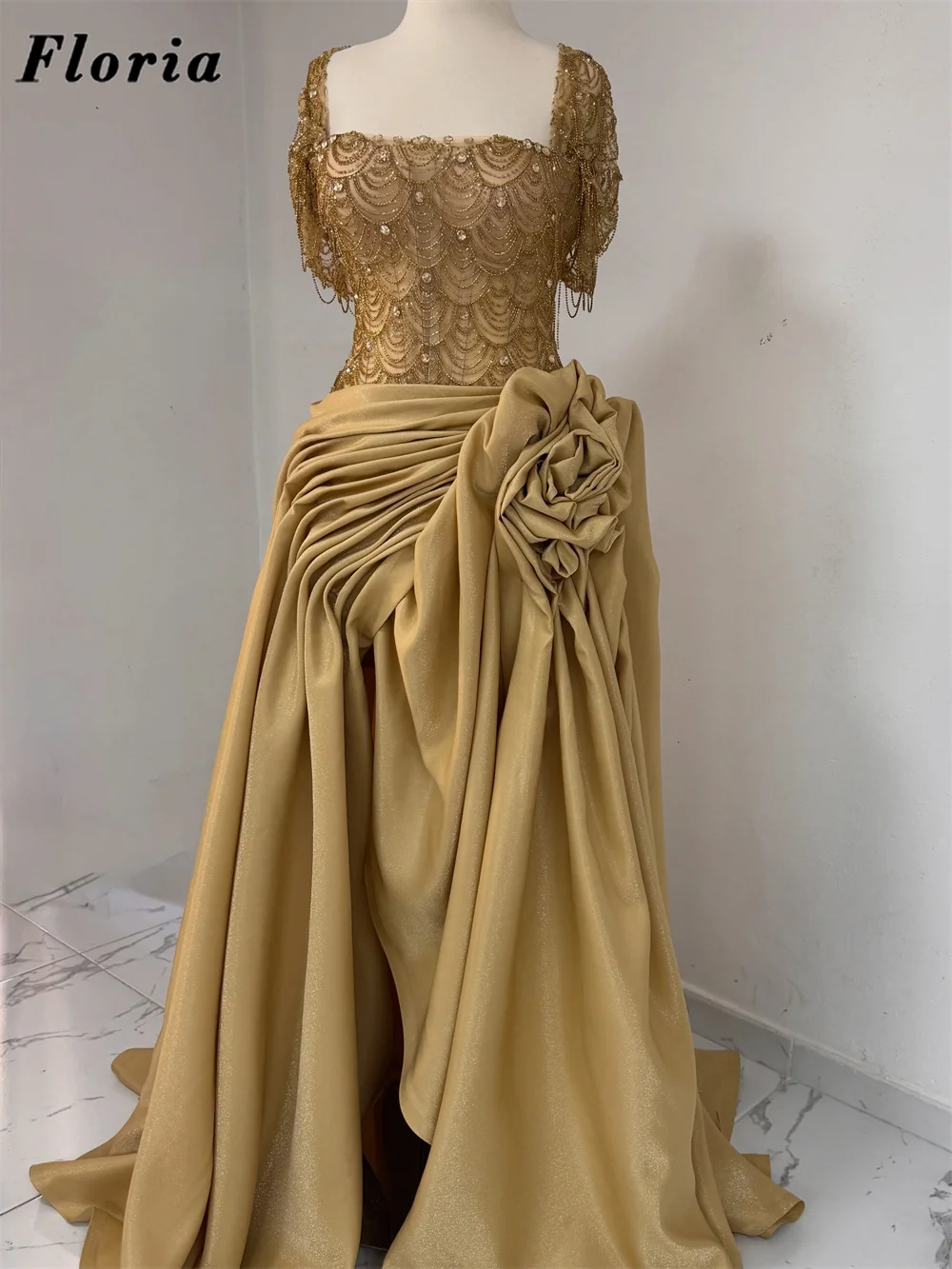Elegant Gold Beading Prom Dresses Ruffles A Line Skirt Formal Occasion Dress Customized Cape Short Sleeves Engagement Party Gown