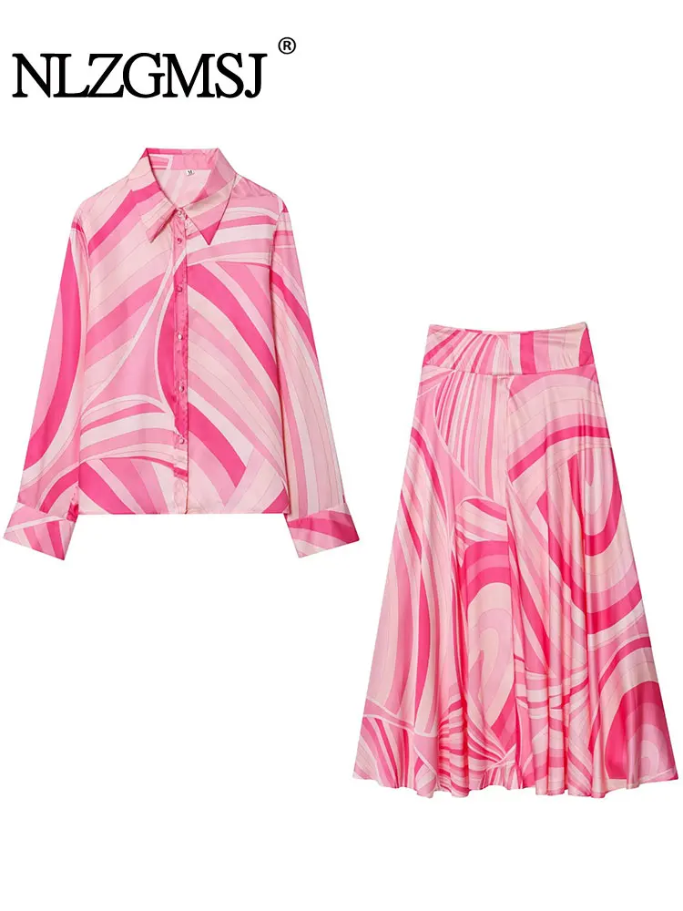 

NLZGMSJ 2022, осенняя новая женская юбка-миди с принтом, женская верхняя одежда с отложным воротником и длинными рукавами, топ, комплект из двух предметов