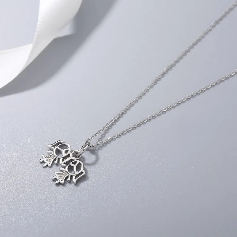 

925S Sterling Silver Cartoon Hat Two Little Girls Diamond Pendant Collarbone Chain Design Women's Necklace