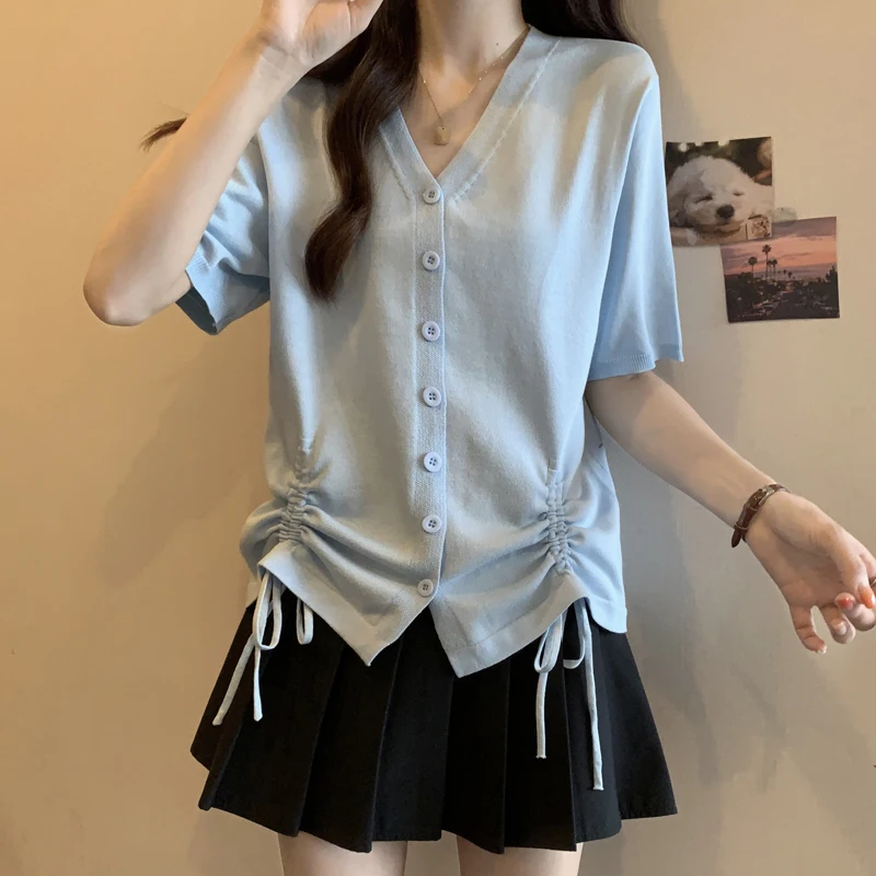

plus Size Women's Faionable Knitted ort Sve Open Cardigan T-irt Dstring Loose Top V-Ne Korean Sle Summer New ...