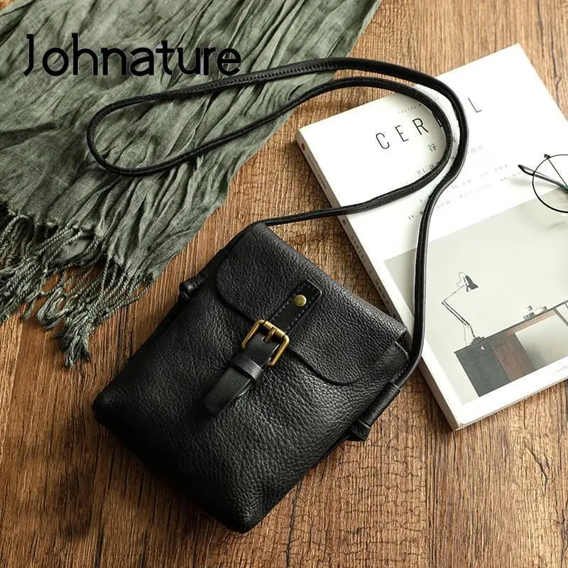 Johnature 2024 New Simple Genuine Leather Women Bag Retro Solid Color Natural Cowhide Mini Phone Bag Leisure Small Shoulder Bags