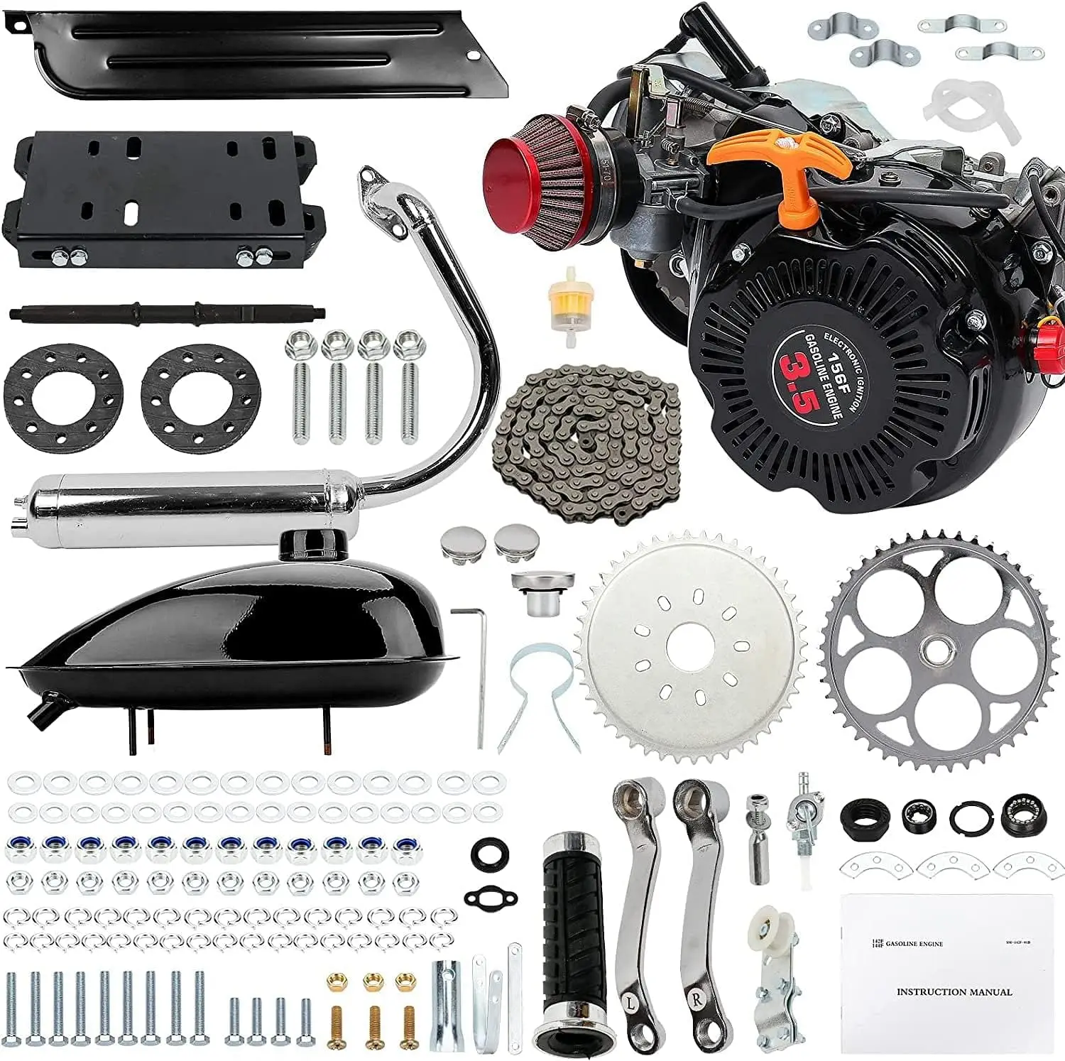 

100Cc 4-Stroke Bicycle Engine Kit, Bicycle Gasoline Engine Motorized, Single Cylinder Air Cooling Engine Chain Muffler Complete for Large Engines