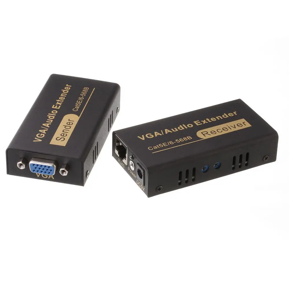 100 M 1080 P Audio Video Extender VGA Su Singolo RJ45 CAT5e/6 HDB15-F, audio DC3.5 Mittente Ricevitore Supporto DOS, wondows, Apple, MAC