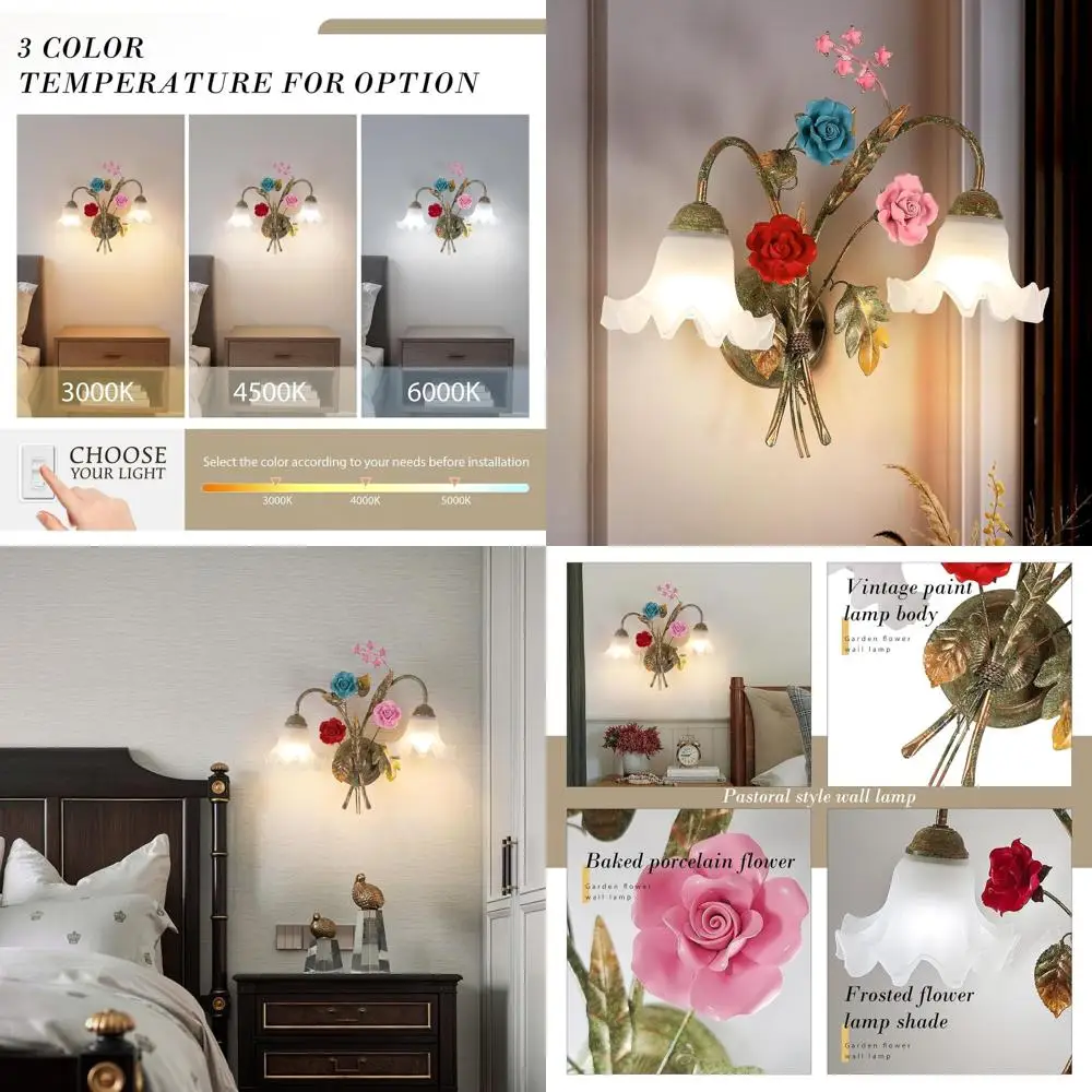 

Классическое металлическое настенное бра с цветочным принтом и двойными стеклянными абажурами, идеально подходящее для домашнего декора в различных комнате, 48x42 см