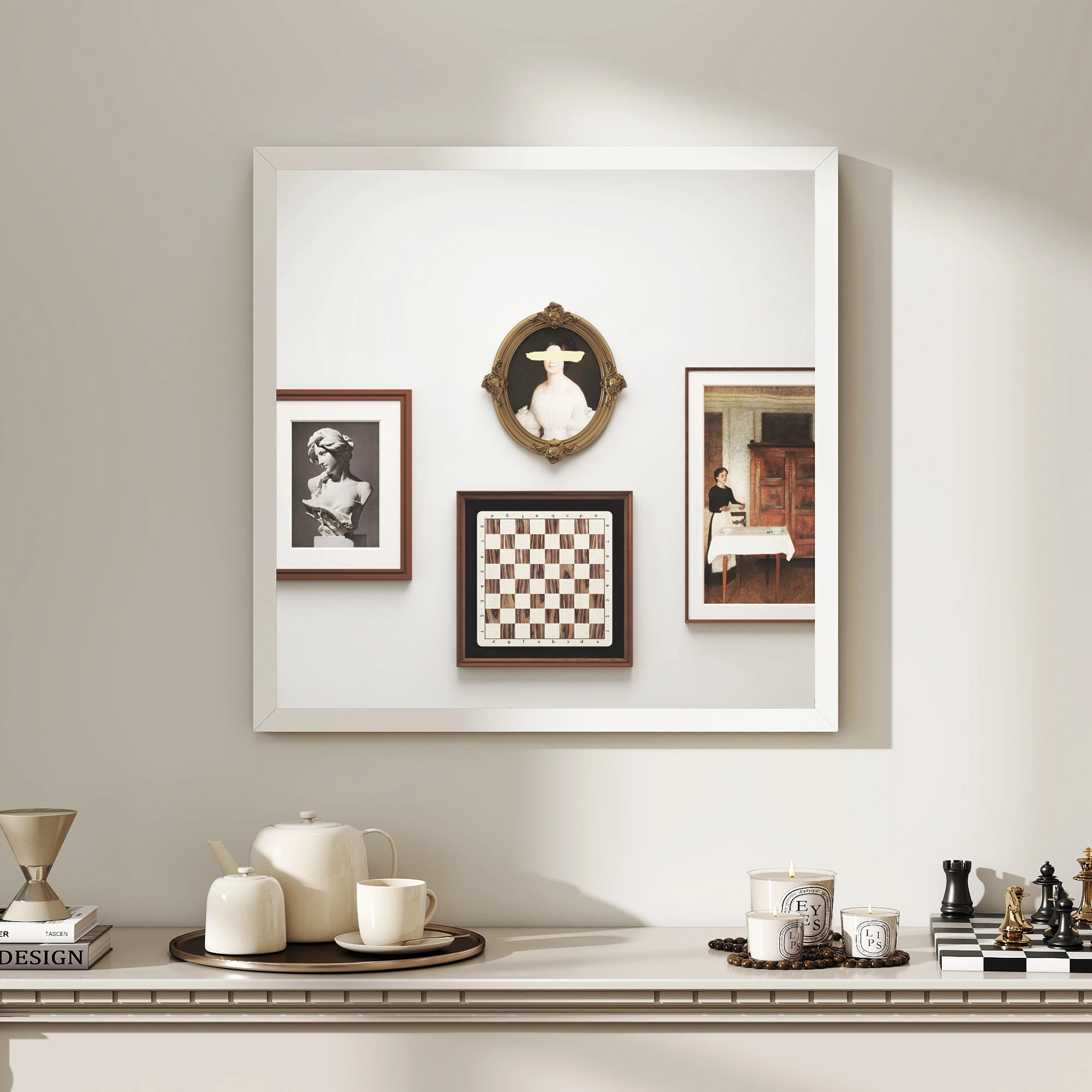 HOMCOM wandspiegel vierkant 50x50 cm, wit drinkframe, ideaal voor badkamer, woonkamer of slaapkamer