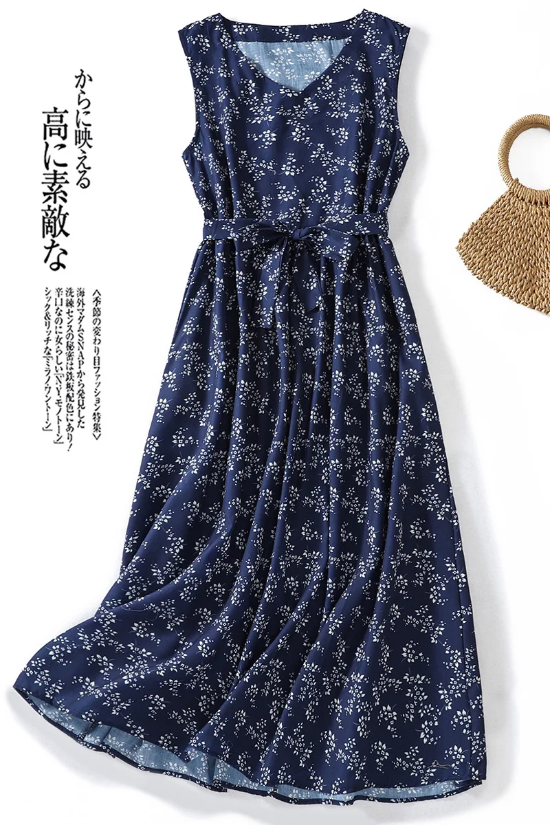 Blue Floral Cotton Summer Dr Women's plus Size Svel Thin Long Dr V-ne Loose Waist A-line Skirt Commute Sle