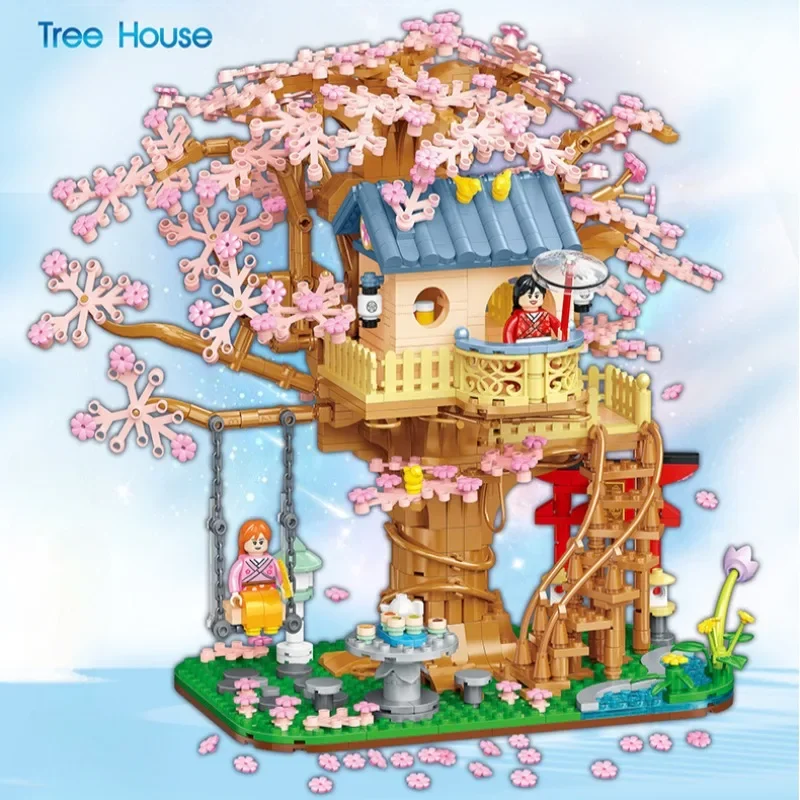 Building Block Japanese Cherry Blossom Tree House Girl Assemble Small Particle Toy Ornament 3D Puzzles Blocks Birthday Gift