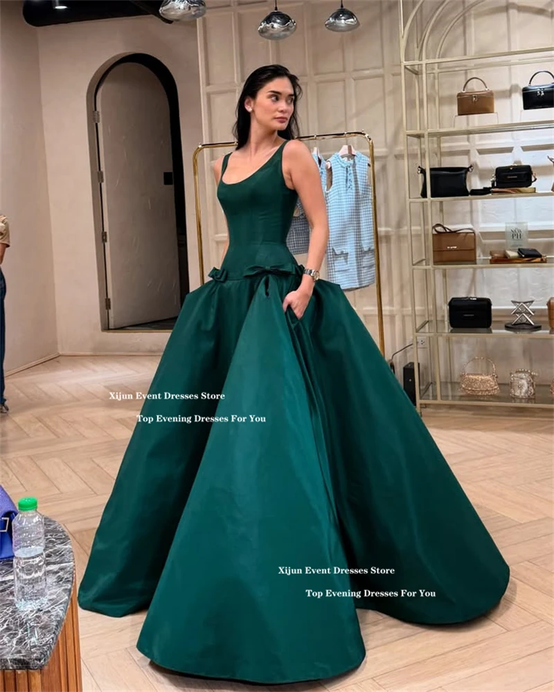Xijun Green Luxury Satin Evening Dresses Sleeveless Bow Formal Long Prom Dresses Pleats Graduation Party Gowns 2025 Customized image 3