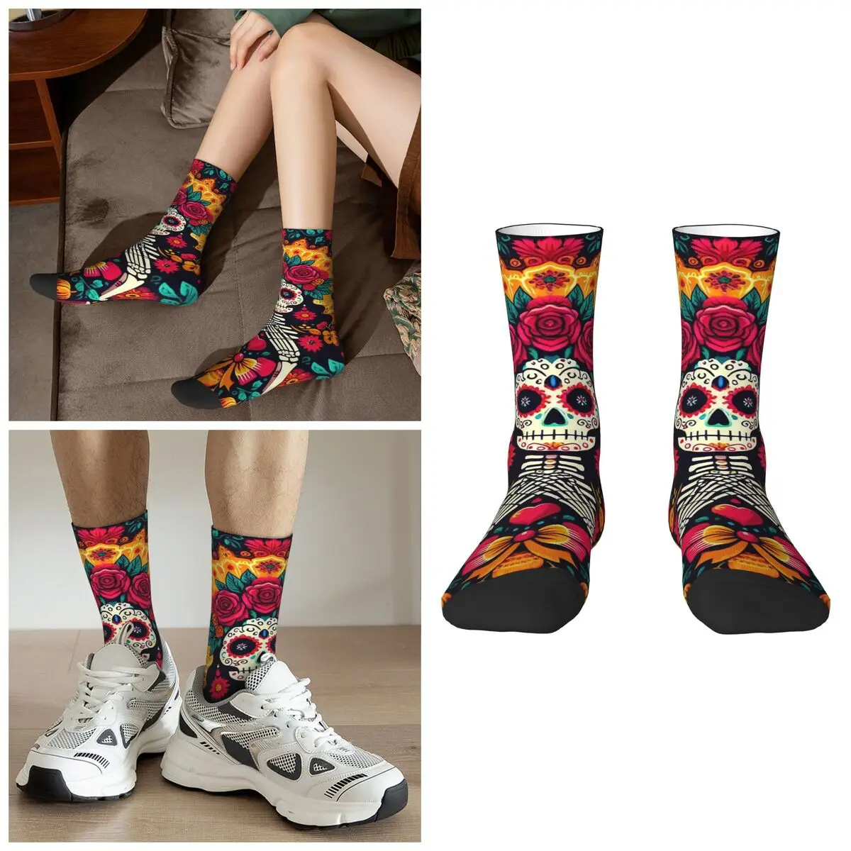 

Mexican Sugar Skulls And Flowers Socks Harajuku High Quality Stockings All Season Long Socks Accessories for Man's Woman's Gifts