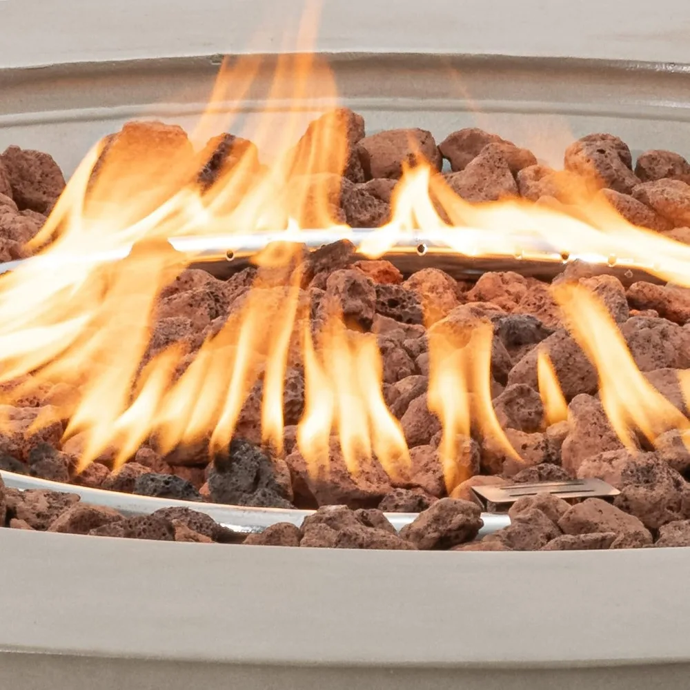 طاولة قهوة خارجية من البروبان - سخان فناء بقاعدة مستديرة رمادية مقاس 42 بوصة، معتمد، موقد من الفولاذ المقاوم للصدأ بقدرة 50000 وحدة حرارية بريطانية