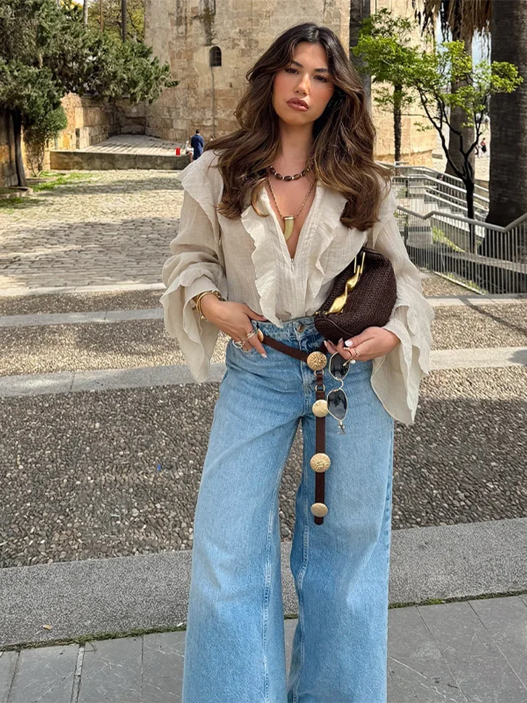 

Ruffle Butterfly Flare Sleeve Women's Shirts Elegant Chiffon Deep V-neck Cascading Blouse Female Spring Fashion Lady Outwears
