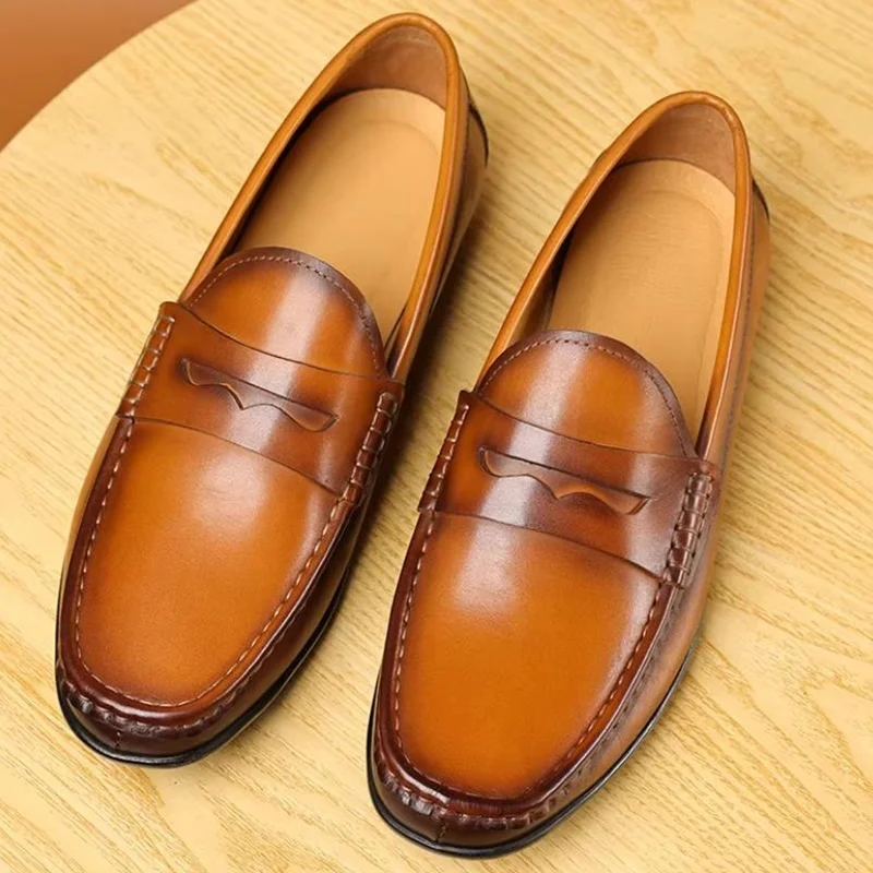 High Quality First-layer Cowhide Slip-on Casual Leather Shoes For Men Comfortable Square-toe Loafers Men Mocasin