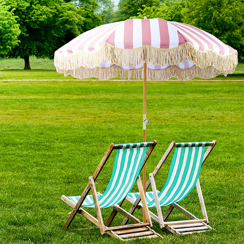 Striped Outdoor Sunshade Umbrella with Fringe Portable Tassel Umbrella with Tilt Pole Sun Shelter for Garden Pool Backyard