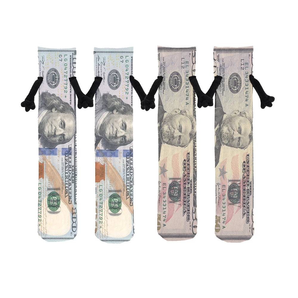 

Funny banknotes, currency, creative design, hand-in-hand socks, new fashion magnetic stockings, street hip-hop happy socks