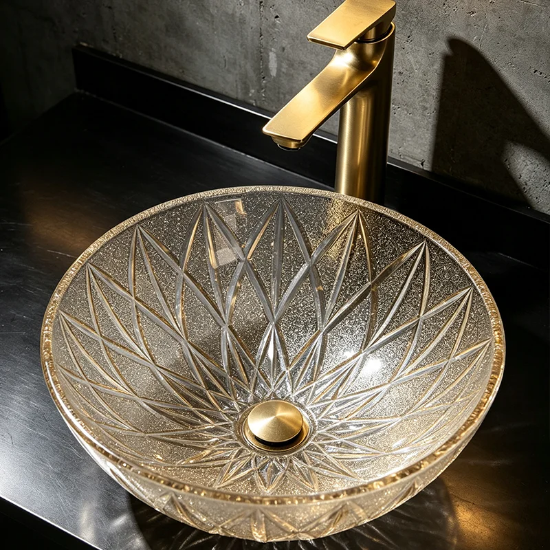 Champagne-Colored Glass Countertop Basin, with a Simple and Elegant Round Shape, the Light Passing through the Basin Creates Dynamic Reflections, Creating a Rich Atmosphere. the Three-Dimensional Diamond Design Adds More Layers to the Light and Shadow, Making It an Ideal Choice for Modern Bathroom Fixtures, Suitable for Dressing Rooms, Vanity Tables, and Home Bathroom Sinks, and Can Be Matched with Various Decor Styles (Accessories Not Included)