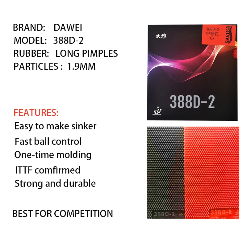 Dawei 388D-2 Table Tennis Rubber without Sponge Long Pimples Medium Grain Colorful Ping Pong Rubber ITTF Certification Pingpong