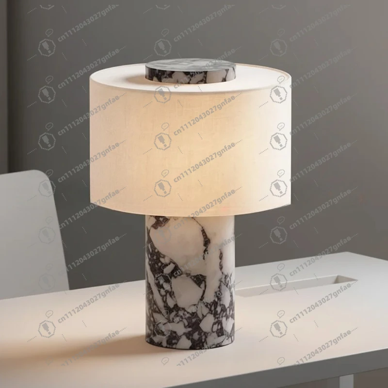Modern Simple Marble Table Lamp with Fabric Shade Battery Powered LED Bedside Lamp