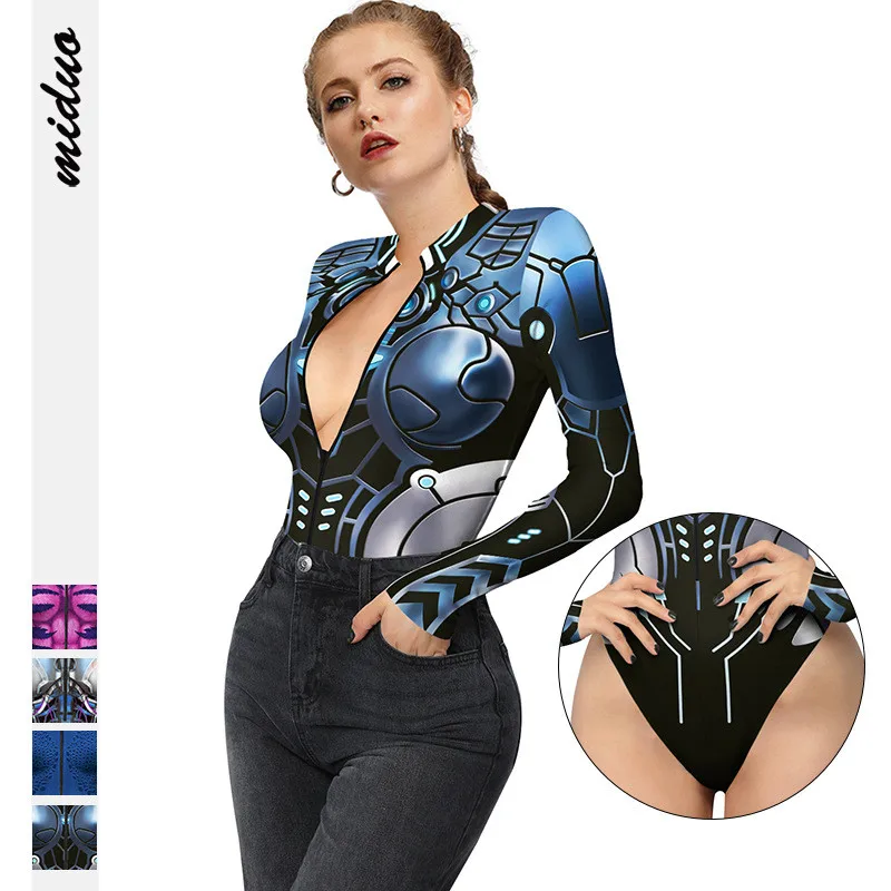 

3D Printed Armor Robot Swimsuit Women's Cosplay Robot Play Suit Tight One-Piece Suit Low Waist orts Polyester Fabric