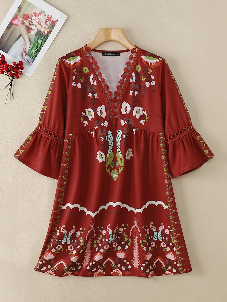 ZANZEA Autumn Bohemian Holiday Dress Women V Neck Flare Sleeve Sleeve Printed Sundress Fashion Lace Crochet Party Vestidos 2024 image 4