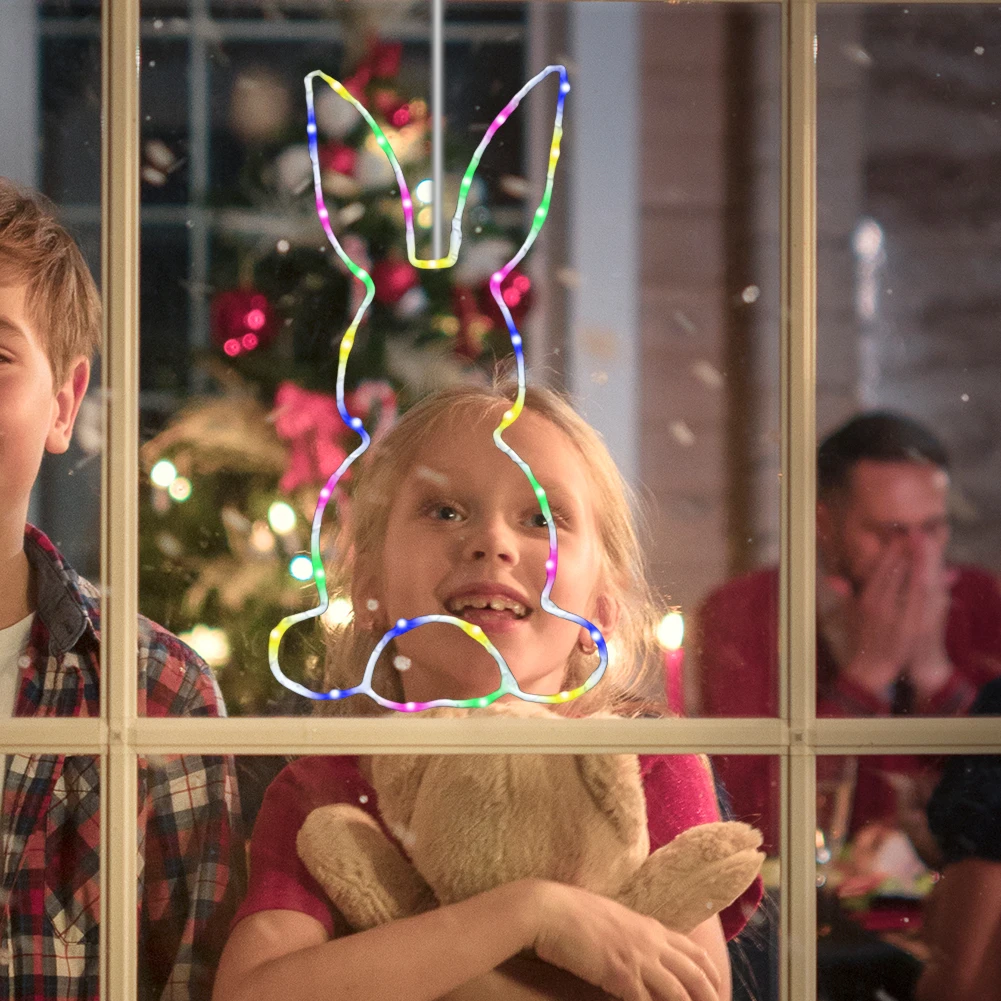 2Pcs LED Easter Rabbit Window Light with Suction Cup Hanging Fairy Lights Luminous Rabbit Pendant for Indoor Bedroom Decoration