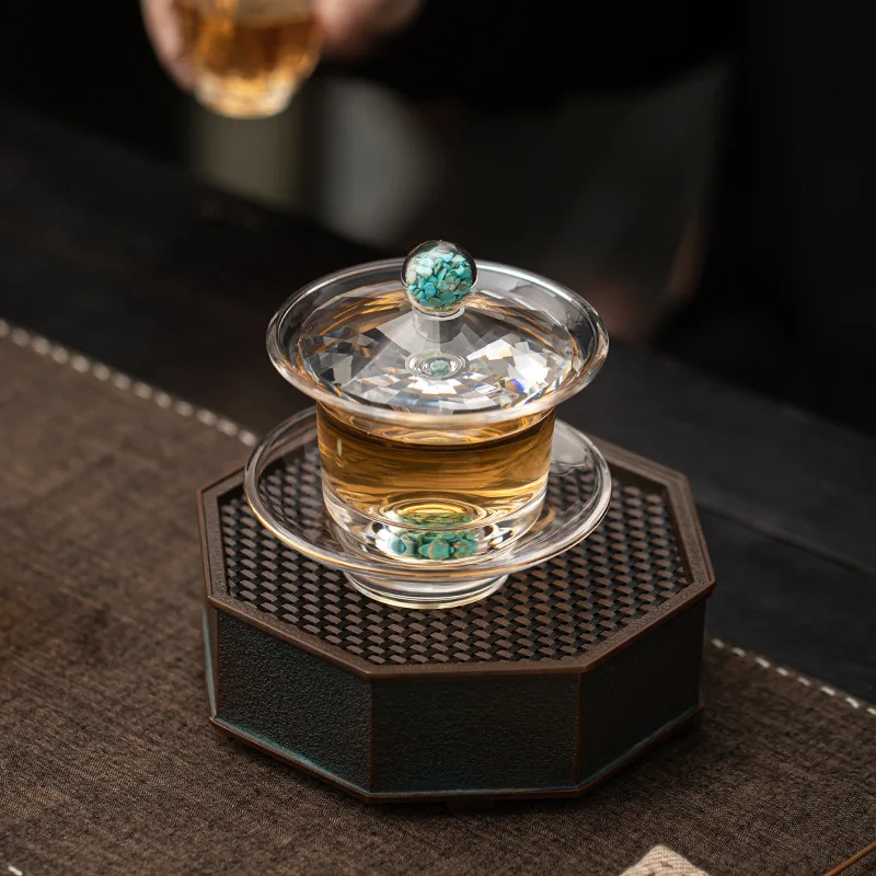 Gold foil three cover bowl large capacity Chinese heat-resistant crystal glass turquoise thickened high-end tea bowl