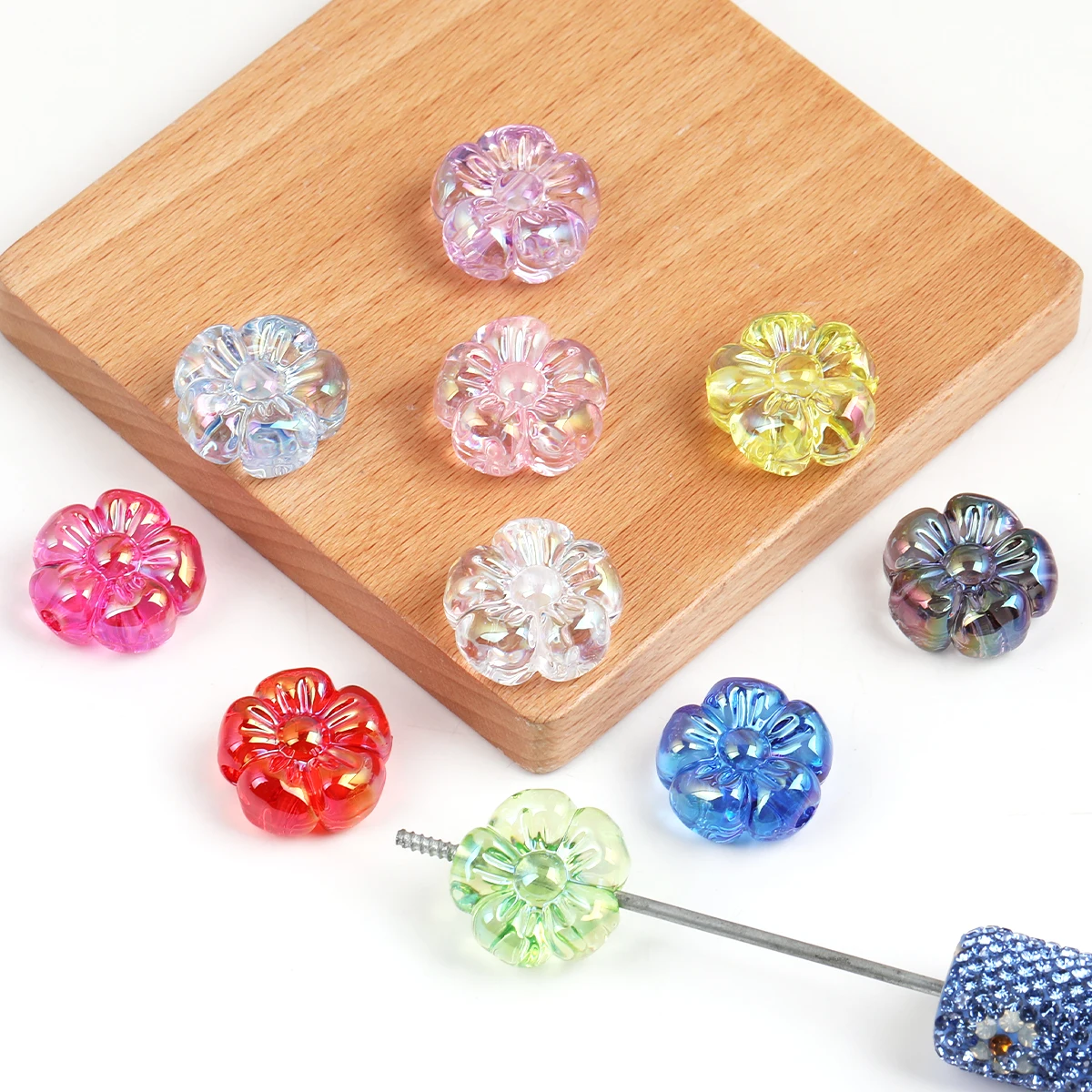 20pcs/40pcs Random Color UV Transparent Iridescent Flower Acrylic Beads, 19mm Five-Petal Flower Spacer Beads for DIY Bracelets