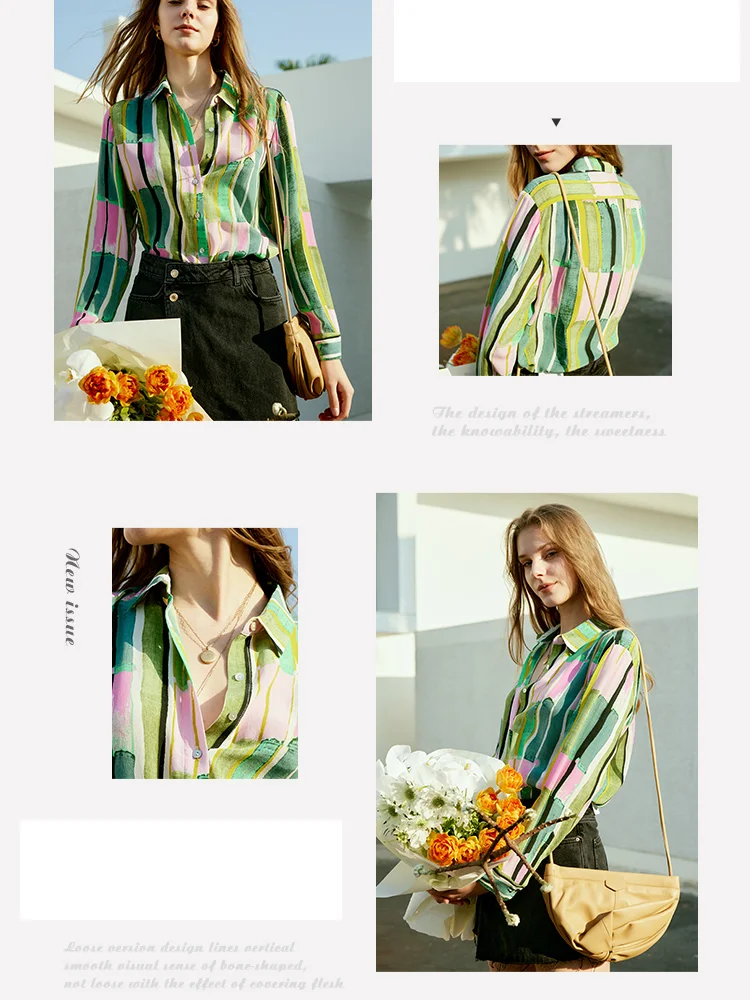 BirdTree 12MM 100%Mulberry Silk Shrit For Women, Long Sleeve Lapel Stripe Print, Elegant Fashion Top, 2024 Spring New T42703QM