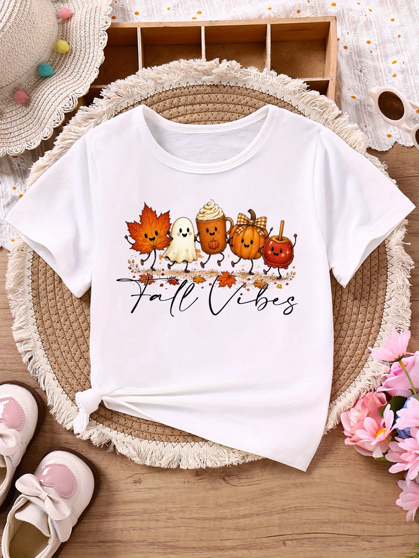 Fall Vibes Pumpkin Bow Ice Cream Printed T Shirt Girls Thanksgiving And Halloween Gifts T-Shirt Funny Kids Clothes