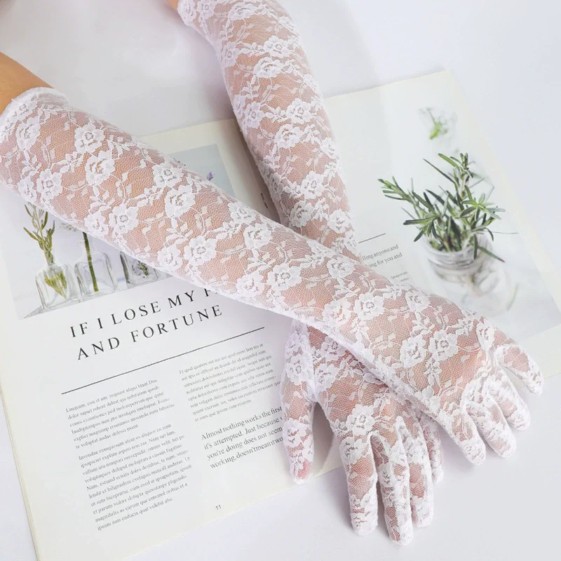 Mesh Fishnet Bowknot Long Gloves for Women Lace Ruffle Fingerless Gloves Mittens JK Lolita Kawaii White Gloves UV Protectio