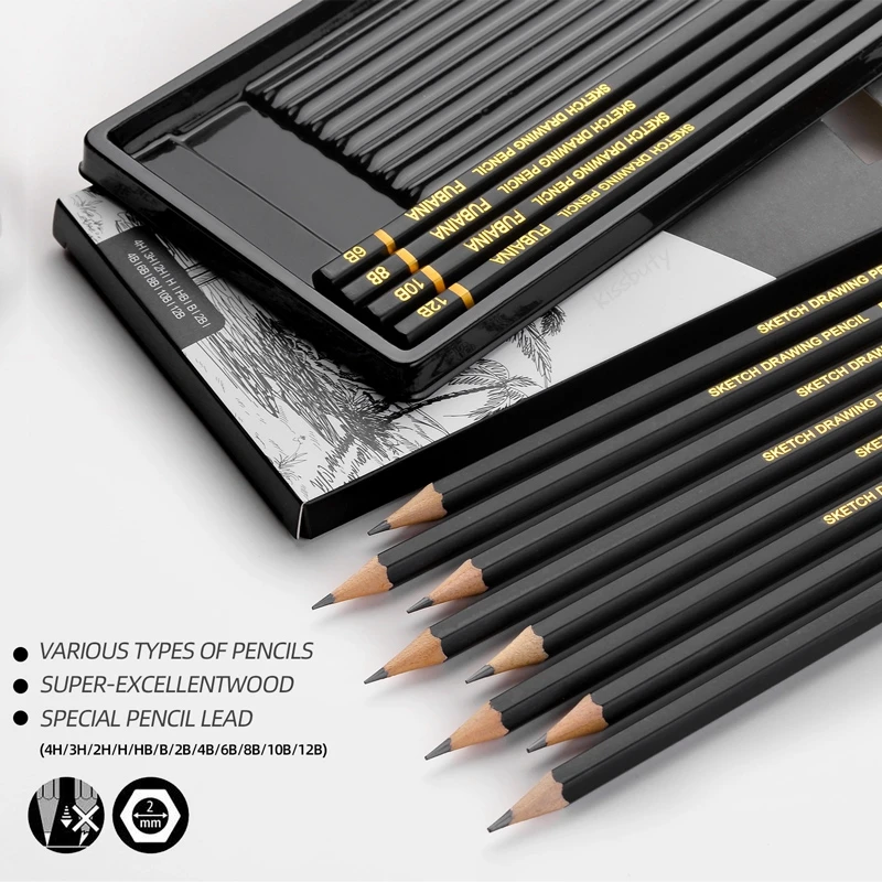 Set pensil gambar profesional, 12 buah pensil seni sketsa grafit untuk seniman pemula & Pro