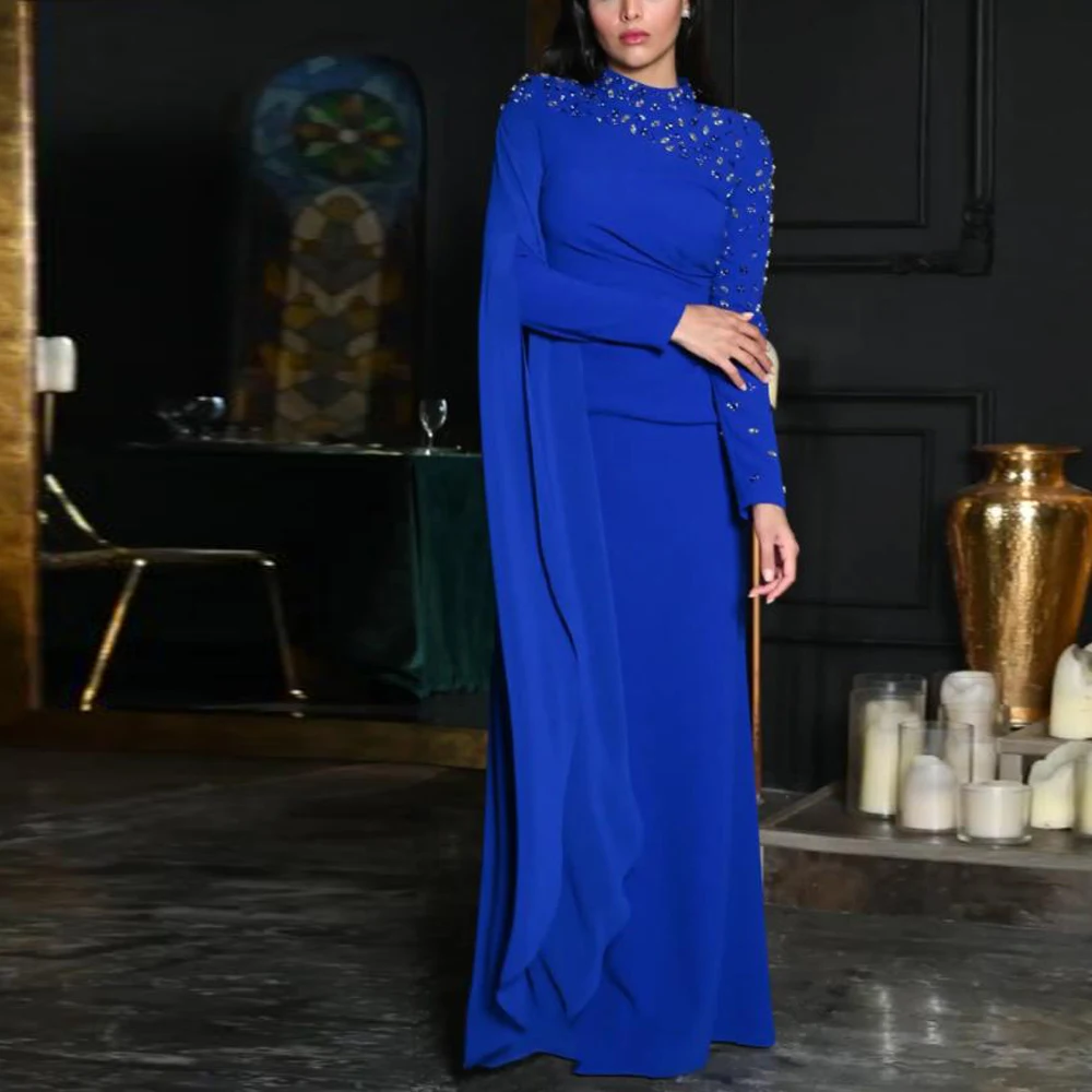 

Customized Crystal Embrodiery Muslim Evening Dresses High Neck Long Sleeves robe de soiree femme Royal Blue Satin Formal Dress