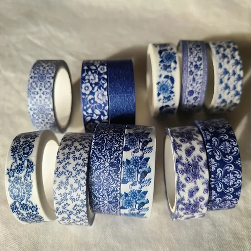 Imagen 2 del producto Juego de cintas Washi azules y blancas; Bonitos diseños de chinoiserie; ¡12 rollos! Cinta decorativa; Journaling, álbum de recortes