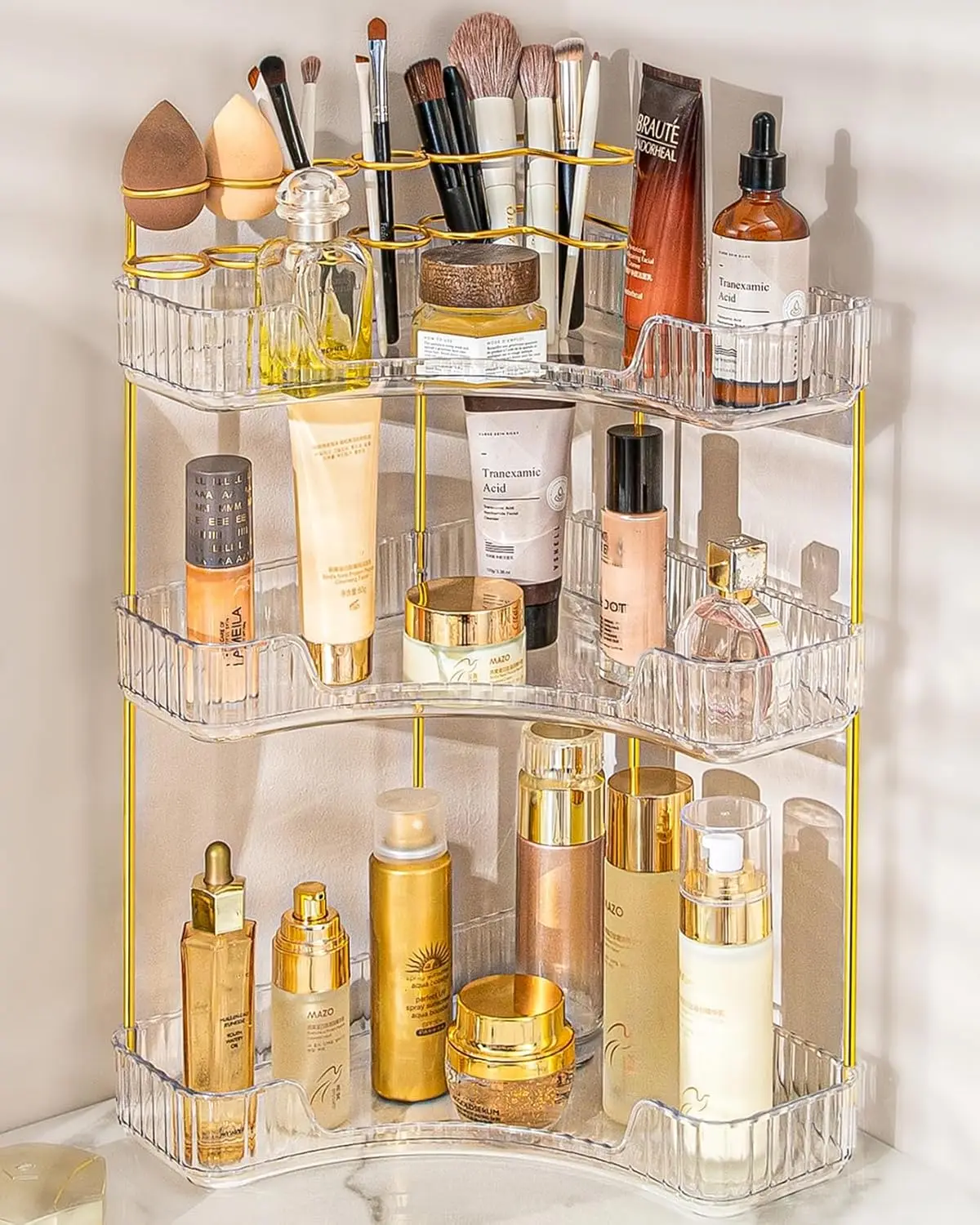 

3-Tier Corner Makeup Organizer with Brush Holder for Vanity, Bathroom Counter Storage, Clear Acrylic