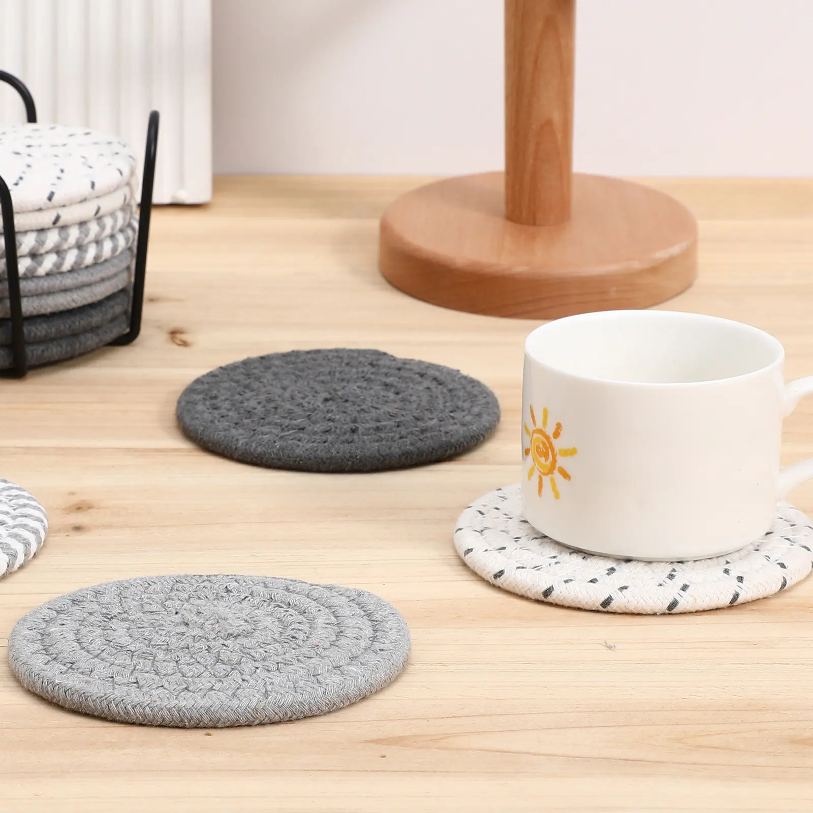 12Pcs Cotton Woven Coaster Set Absorbent Round Drink Cup Holder Nonslip Table Protection Mats Dining Table Desk Decor Accessory