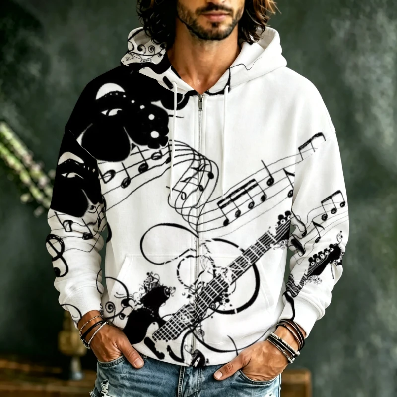 Men Zip Up Hoodie Music Guitar Lotus Floral 3D Print Casual Long Sleeve Drawstring Hooded Sweatshirt Male Streetwear Outerwear
