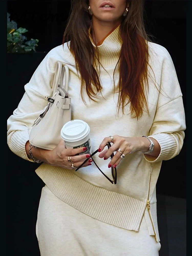 

Casual Solid Women Trouser Suits Turtleneck Zipped Female Pullover Wide Leg Pants 2025 Spring New Fashion Female 2 Pieces Sets