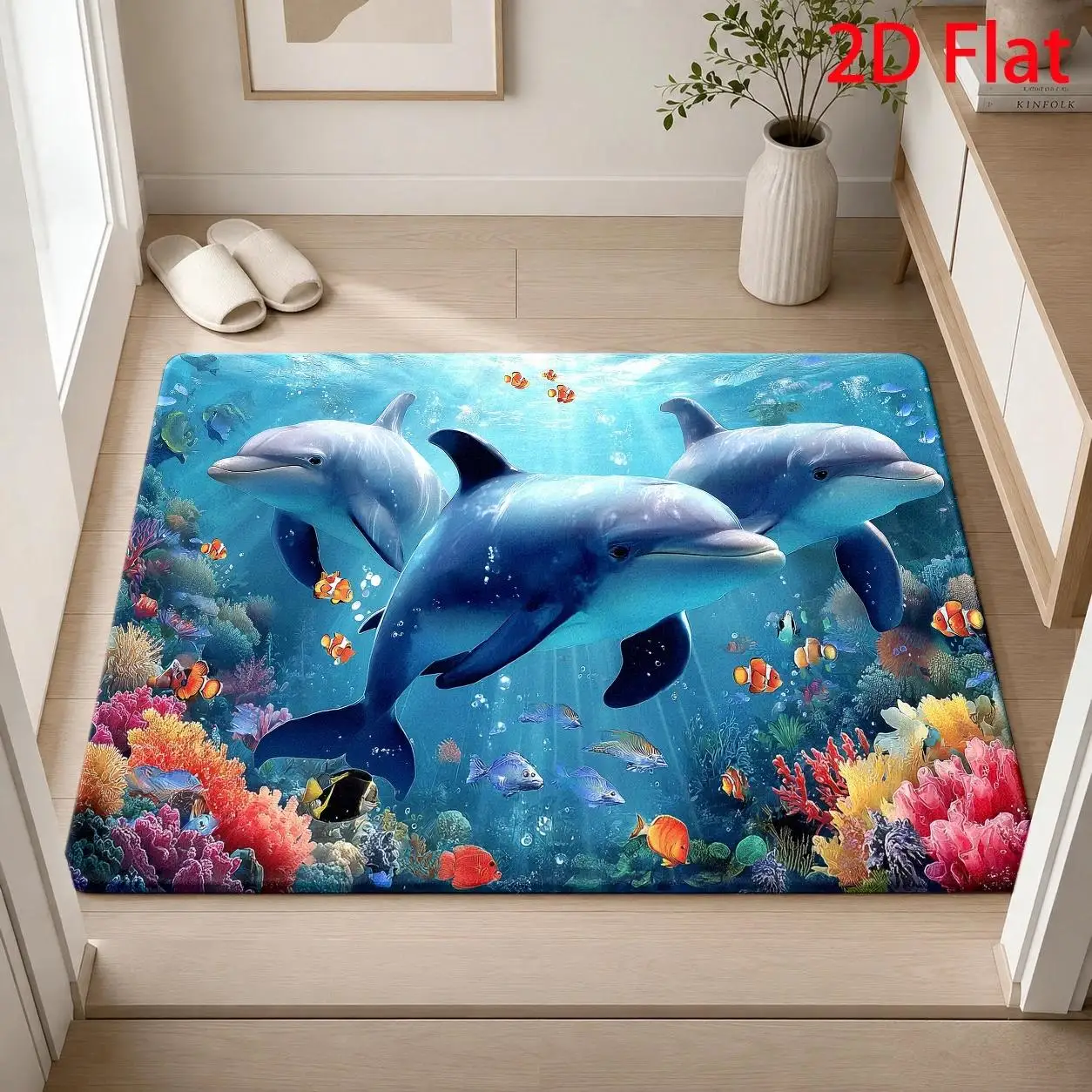 Sunset Beach Dolphin Non‑Slip Doormat, Seashell Starfish Cave View Pattern for Front Entrance Tropical Style Home Decoration Rug