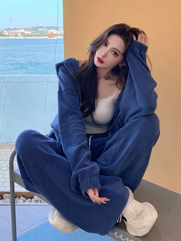 

Комплект спортивной одежды больших размеров 300, осень-зима, синие широкие брюки с капюшоном, костюм из двух предметов, удобный повседневный наряд