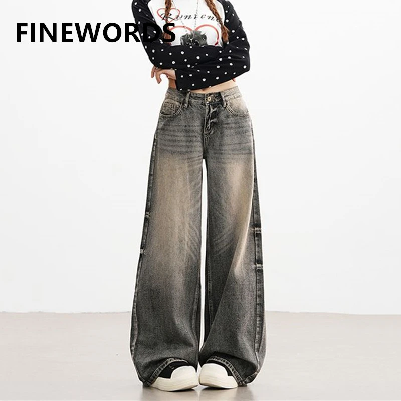 جينز نسائي رمادي شتوي كوري عتيق بأرجل واسعة من FINEWORDS جينز هاراجوكو غير رسمي ملابس خروج عالية الخصر جينز فضفاض