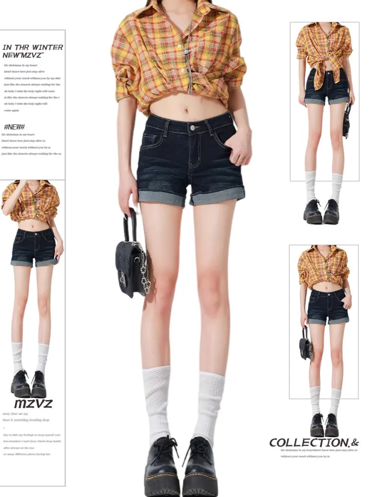 Retro American Deep Blue Straight Leg Denim Shorts Women's Summer Low Waist Sexy Spicy Girl Cuffed Super Short Pants
