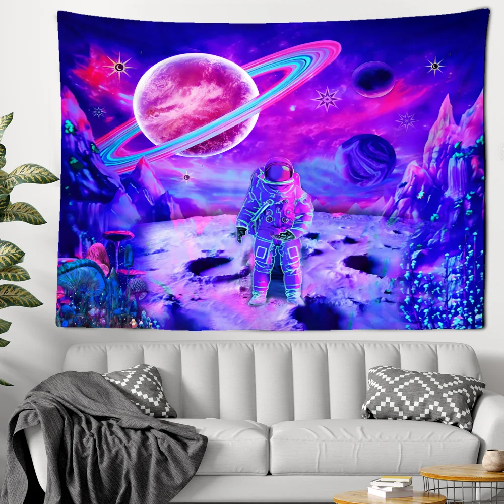 Astronaut Planet Creative Imagination Tapestry Purple Tones Lunar Surface Scene Dormitory Bedroom Wall Hangings Home Decor