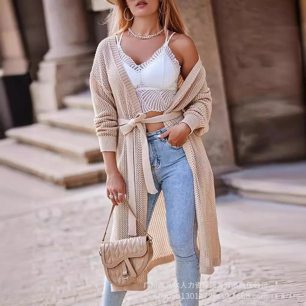 

Womens Coat Apricot Light Crochet Long Strap Cardigan Jackets for Women