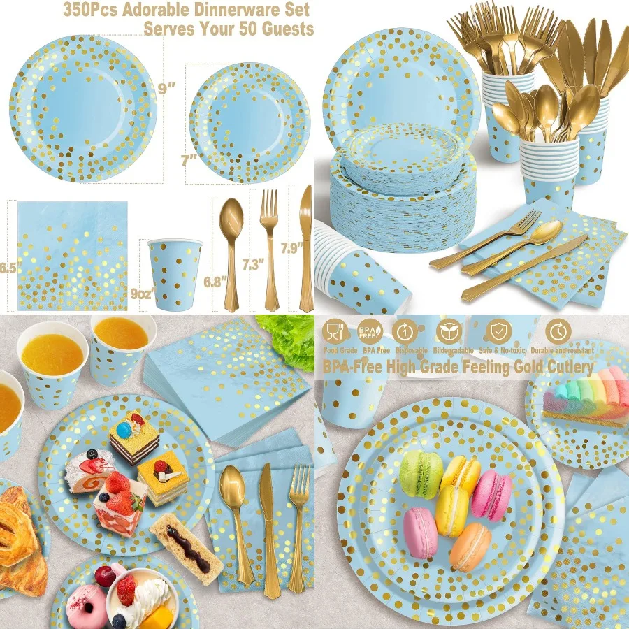 

350 шт. синие и золотые бумажные тарелки, украшения для вечеринок, наборы столовой посуды для 50 гостей, пластиковые вилки, ножи, ложки, золотая точка, синий P