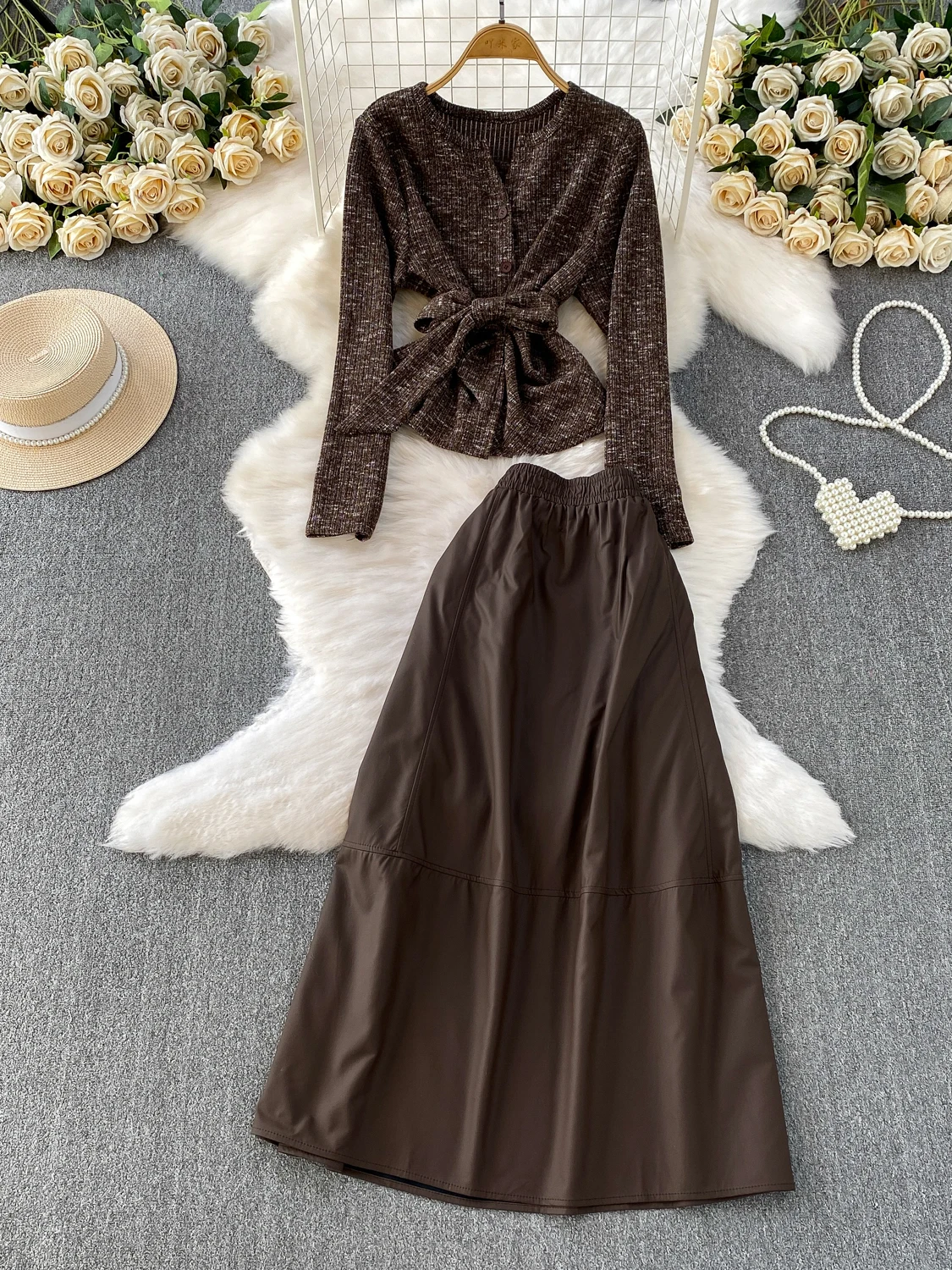 

Autumn Winter Knitted Belted Waist Slimming V-Neck Outerwear PU Leather Jacket Long Skirt Set Elegant Gentle Lady Style